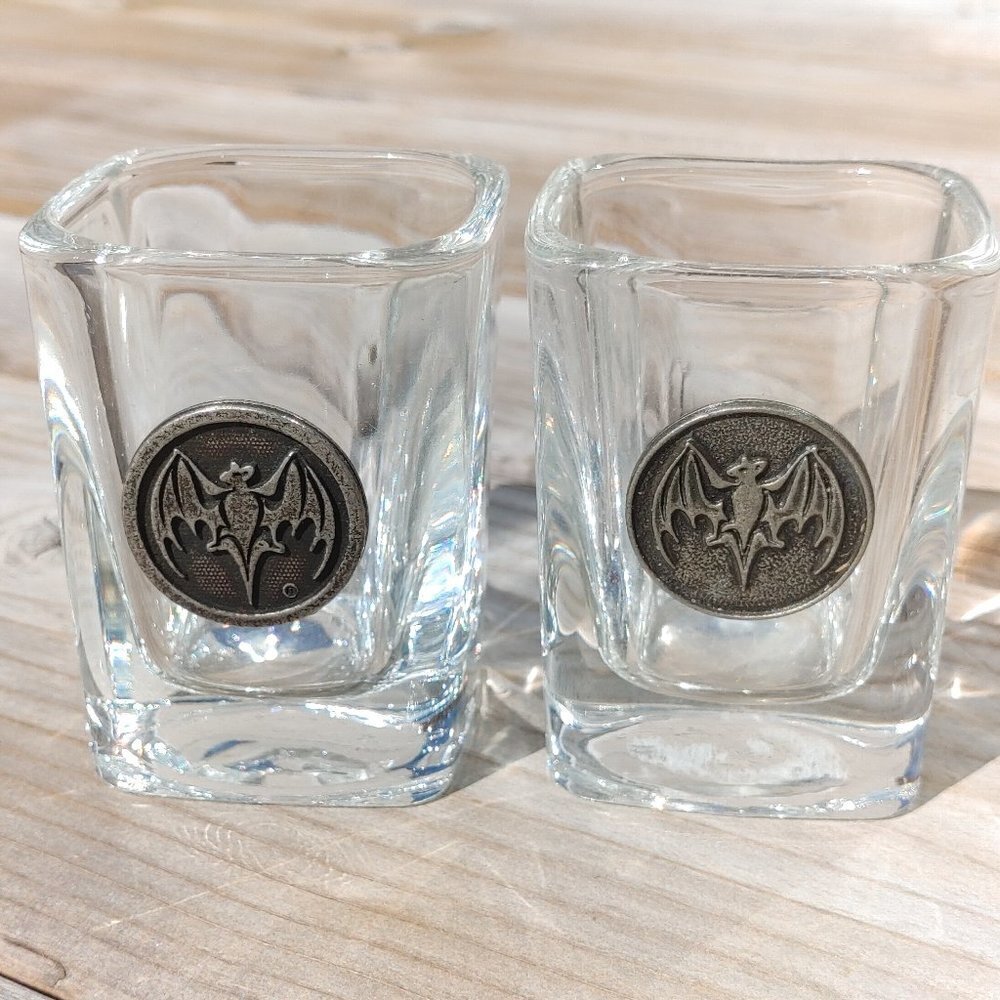 Attractive BACARDI Shot Glasses PAIR Pewter Logo Rounded Square Glasses